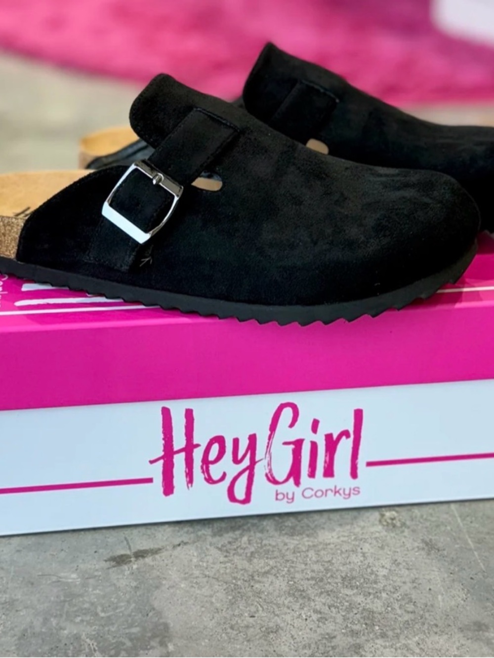 Corkys Black Suede Slide Clog with Silver Buckle